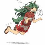 1girl :3 ^_^ blush bone clenched_hands closed_eyes curly_hair full_body green_hair horn komano_aun long_hair mouth_hold sandals short short_sleeves shorts simple_background solo touhou white_background white_shorts yudepii 