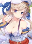  1girl bangs bare_shoulders belt beret blue_eyes blush breasts brown_hair cleavage collarbone cucouroux_(granblue_fantasy) detached_sleeves dress eyebrows_visible_through_hair granblue_fantasy hair_ribbon hat highres large_breasts long_hair long_sleeves looking_at_viewer ra_i ribbon smile solo swept_bangs twintails upper_body 