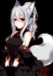  1girl :o animal_ears bare_shoulders black_background black_bow black_dress black_gloves blush bow commentary_request dated dress fox_ears fox_tail gloves grey_hair hair_between_eyes hair_bow konshin layered_dress looking_at_viewer original parted_lips ponytail red_eyes signature smile solo tail upper_body 