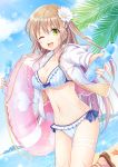  1girl ;d bikini blue_bikini blue_sky blue_stripes bottle breasts brown_hair cleavage clouds cowboy_shot day flower frilled_bikini frills green_eyes hair_flower hair_ornament highres innertube jacket long_hair looking_at_viewer medium_breasts moe2018 mono_lith one_eye_closed open_mouth original outdoors ramune revision side-tie_bikini sky smile solo striped swimsuit vertical-striped_bikini vertical_stripes white_jacket white_stripes 