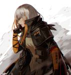  1girl armband bangs bleeding blood blood_drip blood_from_mouth blunt_bangs braid capelet coat corruption from_side girls_frontline gloves hand_up jacket leaning_forward looking_afar m16a1_(girls_frontline) mole mole_under_eye orange_hair sangvis_ferri sidelocks silence_girl single_braid smoke solo spoilers torn_clothes white_hair yellow_eyes 