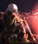  2girls arm_strap armband armor bangs blonde_hair blurry blurry_background boots braid brown_hair clothes_around_waist crying damaged digi-mind_update_(girls_frontline) eyepatch girls_frontline gloves green_hair hand_on_another&#039;s_arm head_hug jacket jacket_around_waist knee_boots knee_pads lights long_hair m16a1_(girls_frontline) m4a1_(girls_frontline) multicolored_hair multiple_girls night parted_lips pouch rain ripples scar scar_across_eye scarf silence_girl sitting spoilers streaked_hair thigh-highs thigh_strap torn_clothes wet white_hair 