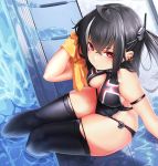  1girl arm_strap arm_support azur_lane bangs bare_shoulders beach black_gloves black_hair black_legwear black_panties blush breasts cleavage cross cross_earrings crossed_bangs day earrings elbow_gloves equan_tk eyebrows_visible_through_hair eyes_visible_through_hair from_above front_zipper_swimsuit gloves hair_between_eyes hair_ornament head_tilt headgear highres iron_cross jewelry large_breasts long_hair looking_at_viewer meme_attire multicolored_hair no_bra one-piece_swimsuit one_side_up outdoors panties poolside red_eyes sidelocks sitting skindentation solo streaked_hair swimsuit symbol-shaped_pupils thigh-highs thighs towel u-47_(azur_lane) underwear unzipped wet white_hair wiping work_in_progress 