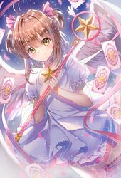  1girl absurdres antenna_hair bangs blush brown_hair card card_captor_sakura choker cowboy_shot dress eyebrows_visible_through_hair feathered_wings green_eyes hair_between_eyes hair_ribbon highres holding holding_staff kinomoto_sakura lium looking_at_viewer pink_ribbon ribbon short_dress short_sleeves smile solo staff star thigh_strap white_dress white_wings wings 