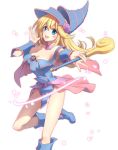  1girl bare_shoulders blonde_hair blue_eyes blue_footwear blush_stickers boots breasts chocofox choker cleavage dark_magician_girl duel_monster hat highres large_breasts long_hair magician pentacle solo staff wizard_hat yu-gi-oh! yuu-gi-ou_duel_monsters 