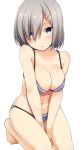  1girl bare_legs barefoot between_legs bikini blue_bikini blush breasts cleavage closed_mouth collarbone hair_ornament hair_over_one_eye hairclip hamakaze_(kantai_collection) hand_between_legs head_tilt kantai_collection kneeling large_breasts looking_at_viewer nagami_yuu navel short_hair silver_hair simple_background solo swimsuit white_background 