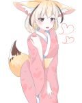  1girl alternate_costume animal_ears aotan_(aorin114) blonde_hair commentary_request cowboy_shot eyebrows_visible_through_hair fang fennec_(kemono_friends) fox_ears fox_tail heart heart-shaped_pupils highres japanese_clothes kemono_friends kimono open_mouth pink_clothes short_hair solo symbol-shaped_pupils tail 