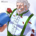  1boy beard blue_eyes blue_gloves bow bowtie boxing_gloves cosplay dress_shirt dudley dudley_(cosplay) facial_hair flower gloves grey_hair grin male_focus moize_opel mustache one-eyed overwatch reinhardt_(overwatch) rose scar scar_across_eye shirt smile solo street_fighter suspenders 