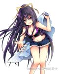  1girl :d bangs black_bikini_top blue_shorts blush breasts cleavage collarbone date_a_live eyebrows_visible_through_hair floating_hair fur_trim hair_between_eyes hair_ribbon hibiki_mio holding leaning_forward long_hair looking_at_viewer medium_breasts navel open_mouth outstretched_arm ponytail purple_hair ribbon shiny shiny_skin short_shorts shorts simple_background smile solo standing stomach very_long_hair violet_eyes white_background yatogami_tooka yellow_ribbon 