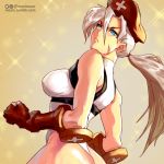  1girl :&lt; ass beret blue_eyes breasts cammy_white cammy_white_(cosplay) clenched_hands cosplay fingerless_gloves from_side gloves hat leotard long_hair medium_breasts mercy_(overwatch) moize_opel overwatch red_cross scar silver_hair solo street_fighter thong_leotard 