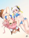  2girls animal_ears aqua_hair bikini blue_bikini blush bow breasts cleavage collarbone dragon_girl dragon_horns fate/grand_order fate_(series) fox_ears fox_tail hair_bow highres horns kiyohime_(fate/grand_order) kiyohime_(swimsuit_lancer)_(fate) large_breasts long_hair looking_at_viewer multiple_girls navel pink_hair ponytail side-tie_bikini swimsuit tail tamamo_(fate)_(all) tamamo_no_mae_(swimsuit_lancer)_(fate) yellow_bow yellow_eyes z.m._(school913102) 