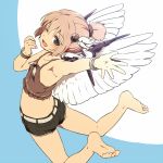  1girl armpits bare_arms bare_legs barefoot bird_wings black_eyes black_shorts blue_background bracelet crop_top earrings hair_ornament jewelry looking_at_viewer mystia_lorelei one_eye_closed outstretched_arm pink_hair short_shorts shorts smile solo touhou white_background wings yudepii 
