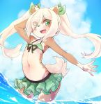  1girl animal_ears arm_behind_head arm_up bikini bikini_skirt blonde_hair clouds dog_ears dog_tail fang flat_chest furry green_bikini green_eyes green_swimsuit highres long_hair navel open_mouth original outdoors outstretched_arm pose ribbon sky smile solo swimsuit tail twintails wading water yuuki_(yuyuki000) 