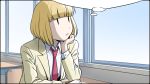  1girl blazer blonde_hair chair chin_rest commentary_request desk ichikawa_masahiro jacket necktie red_neckwear school_chair school_desk school_uniform short_hair sitting solo thought_bubble uchi_emiri watashi_ga_motenai_no_wa_dou_kangaetemo_omaera_ga_warui! window |_| 