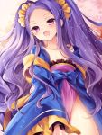  1girl :d bangs bare_shoulders blue_bow blush bow chinese_clothes collarbone commentary_request dress dutch_angle fang fate/grand_order fate_(series) forehead frills hanfu long_hair long_sleeves nogi_takayoshi off_shoulder open_mouth parted_bangs pelvic_curtain purple_dress purple_hair sidelocks smile solo strapless strapless_dress two_side_up very_long_hair violet_eyes wide_sleeves wu_zetian_(fate/grand_order) 