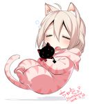  1girl =_= ahoge animal_costume animal_ears black_cat blonde_hair cat cat_costume cat_ears cat_tail chibi closed_eyes commentary_request dated drooling floating hair_between_eyes hood hood_down konshin open_mouth original signature simple_background sleeping solo tail white_background 