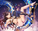  1girl anklet armlet ass asymmetrical_legwear asymmetrical_sleeves barefoot black_hair black_panties black_ribbon blue_legwear breasts detached_sleeves eyebrows_visible_through_hair fate/grand_order fate_(series) feet full_body hair_ribbon highres ishtar_(fate/grand_order) jewelry long_hair midriff navel open_mouth panties red_eyes revision ribbon sideboob single_thighhigh small_breasts soles solo stomach thigh-highs toeless_legwear twintails underwear very_long_hair yewang19 