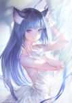  1girl animal_ears artist_name bangs blue_eyes blue_hair blunt_bangs bridal_gauntlets cat_ears cat_tail closed_mouth dress fingernails lace long_hair looking_at_viewer nail_polish original smile solo standing tail wadanaka white_dress 