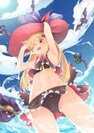  1girl ;d absurdres armpits arms_up ass_visible_through_thighs bangs bat bat_hair_ornament bikini black_bikini blonde_hair blue_sky clouds day dutch_angle eyebrows_visible_through_hair fangs flower food from_below fruit gradient_hair granblue_fantasy hair_between_eyes hair_ornament hat highres horizon long_hair looking_at_viewer looking_down motion_lines multicolored_hair navel ocean one_eye_closed open_mouth outdoors red_eyes red_flower red_hat red_rose red_wings rose shingeki_no_bahamut sky smile solo straw_hat sun swimsuit vampy very_long_hair water watermelon white_hat wings zetsuriinu_(kairyougata) 