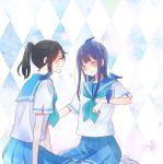  2girls animal animal_on_arm animal_on_head animal_on_shoulder argyle argyle_background asada_nikki bird black_hair blue_hair blue_neckwear blue_sailor_collar blue_skirt blush closed_eyes commentary_request hibike!_euphonium kasaki_nozomi laughing liz_to_aoi_tori long_hair multiple_girls neckerchief on_head open_mouth patterned_background pleated_skirt ponytail sailor_collar school_uniform shoes sitting skirt smile sweatdrop wariza yoroizuka_mizore 