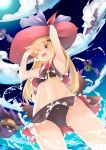  1girl ;d absurdres armpits arms_up ass_visible_through_thighs bangs bat bat_hair_ornament bikini black_bikini blonde_hair blue_sky clouds commentary_request day dutch_angle eyebrows_visible_through_hair fangs flower food from_below fruit gradient_hair granblue_fantasy hair_between_eyes hair_ornament hat highres horizon long_hair looking_at_viewer looking_down motion_lines multicolored_hair navel ocean one_eye_closed open_mouth outdoors red_eyes red_flower red_hat red_rose red_wings rose shingeki_no_bahamut sky smile solo straw_hat sun swimsuit vampy very_long_hair water watermelon white_hat wings zetsuriinu_(kairyougata) 