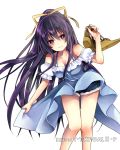  1girl bangs blue_dress blue_shorts breasts cleavage collarbone date_a_live dress eyebrows_visible_through_hair floating_hair fur_trim hair_between_eyes hair_ribbon hibiki_mio holding holding_shoes leaning_forward long_hair looking_at_viewer medium_breasts ponytail purple_hair ribbon shiny shiny_skin shoes short_shorts short_sleeves shorts simple_background smile solo standing very_long_hair violet_eyes white_background yatogami_tooka yellow_ribbon 
