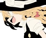  1girl banana_takemura black_hat blonde_hair bow braid face fang hair_bow hat hat_bow highres kirisame_marisa long_hair open_mouth side_braid solo touhou white_background white_bow witch_hat yellow_eyes 