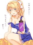  1girl :d ayase_eli belly_peek blonde_hair blue_eyes blue_skirt blue_tank_top blush bottle bow breasts cheerleader cleavage collarbone commentary_request hair_between_eyes hair_bow holding holding_bottle looking_at_viewer love_live! love_live!_school_idol_project medium_breasts miniskirt mogu_(au1127) navel offering_drink open_mouth pleated_skirt pom_pom_(clothes) ponytail sidelocks skirt smile solo squatting strap_slip sweat tank_top translation_request water_bottle white_background white_bow 