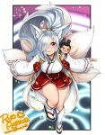  1girl agawa_ryou animal_ears borrowed_character character_doll character_request commentary english_commentary fox_ears fox_tail hair_over_one_eye hakama_skirt japanese_clothes long_hair miko multiple_tails original ponytail red_eyes silver_hair socks solo tabi tail watermark web_address 