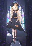  1girl abigail_williams_(fate/grand_order) ankle_ribbon armpits bangs bare_arms bare_shoulders black_bow black_dress black_footwear black_hat black_ribbon blonde_hair blue_eyes blush bow clock closed_mouth commentary_request dress fate/grand_order fate_(series) hair_bow hat head_tilt highres holding holding_key jilu key long_hair mary_janes orange_bow parted_bangs polka_dot polka_dot_bow ribbon roman_numerals shoes sleeveless sleeveless_dress smile solo stained_glass very_long_hair window 