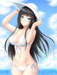  1girl bikini black_hair blue_eyes blue_sky breasts cleavage clouds cowboy_shot front-tie_top hat long_hair looking_at_viewer lowleg lowleg_bikini medium_breasts navel original outdoors side-tie_bikini sky solo standing sun_hat swimsuit taira_shihito white_bikini white_hat 