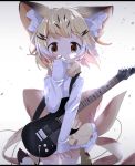  1girl adapted_costume animal_ears blonde_hair bow bowtie brown_eyes cat_ears cat_tail commentary_request covering_mouth eyebrows_visible_through_hair guitar hand_over_own_mouth highres instrument kemono_friends long_sleeves looking_at_viewer makuran multicolored_hair sand_cat_(kemono_friends) short_hair sleeves_past_wrists solo tail white_hair wind 