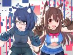  2girls animal_ears black_legwear blue_bow blue_eyes blue_hair blue_skirt blush bow breasts brown_eyes brown_hair eyebrows_visible_through_hair glasses hair_bow hair_ornament hairclip iwahana large_breasts long_hair looking_at_viewer looking_away multiple_girls navel open_mouth pantyhose short_hair skirt smile tokino_sora tokino_sora_channel virtual_youtuber wolf_ears yuujin_a_(tokino_sora_channel) 