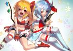  2girls :d alternate_costume ascot bare_arms bare_shoulders bat_wings bike_shorts black_shorts blonde_hair blue_background blue_hair blue_skirt bow commentary_request crop_top crystal eyebrows_visible_through_hair feet_out_of_frame flandre_scarlet glove_bow gloves gradient gradient_background hair_between_eyes hair_bow hat hat_ribbon leg_garter looking_at_viewer midriff miniskirt multiple_girls open_mouth red_bow red_eyes red_footwear red_gloves red_neckwear red_ribbon remilia_scarlet ribbon shoes short_shorts shorts siblings single_thighhigh sisters sitting skirt smile stomach sukocchi thigh-highs touhou v white_background white_legwear white_skirt wings yellow_bow zettai_ryouiki 
