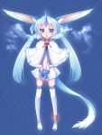  1girl :o animal_ears blue_background blue_eyes blue_gloves blue_hair boots capelet commentary_request ears_down eyebrows_visible_through_hair fingerless_gloves fox_ears fur_trim gloves horn konshin long_hair looking_at_viewer original parted_lips pom_pom_(clothes) solo standing thigh-highs thigh_boots twintails v_arms white_capelet white_footwear 