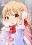  1girl ahoge blonde_hair blush breath brown_eyes capelet commentary_request earmuffs fur-trimmed_capelet fur-trimmed_sleeves fur_trim futaba_anzu grey_background hands_on_own_cheeks hands_on_own_face idolmaster idolmaster_cinderella_girls mittens plaid plaid_scarf pom_pom_(clothes) scarf signature solo tarachine translation_request 