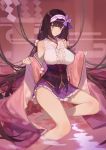  1girl bare_shoulders barefoot black_hair breasts cloak hairband highres hood hooded_cloak large_breasts long_hair low_twintails osakabe-hime_(fate/grand_order) partially_submerged purple_skirt red_cucumber skirt solo twintails very_long_hair violet_eyes 
