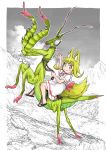  1girl animal animal_ears barefoot belt_collar blonde_hair bright_pupils bug closed_mouth commentary_request doitsuken dress fine_art_parody fox_child_(doitsuken) fox_ears fox_tail from_side highres insect long_hair looking_at_viewer looking_to_the_side napoleon_crossing_the_alps original oversized_animal parody praying_mantis reins riding short_hair short_sleeves smile solo tail white_dress wide_sleeves yellow_eyes 