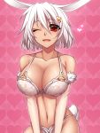  1girl :d animal_ears bare_shoulders bra breasts bunny_tail cleavage commentary_request eyebrows_visible_through_hair hair_between_eyes hair_ornament heart heart_background heart_hair_ornament konshin large_breasts looking_at_viewer navel one_eye_closed open_mouth original panties pink_background rabbit_ears red_eyes short_hair smile solo tail underwear white_bra white_hair white_panties 