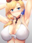  1girl absurdres armpits arms_behind_head arms_up azur_lane bangs bare_arms bare_shoulders bikini_top black_choker blonde_hair blue_eyes blue_flower blush breasts breath choker cleavage closed_mouth covered_nipples earrings eyebrows_visible_through_hair eyelashes eyewear_on_head fantia_reward flower front-tie_bikini front-tie_top gradient gradient_background grey_background hair_flower hair_ornament hair_over_shoulder hair_tie halterneck highres homewrecker hood_(azur_lane) jewelry large_breasts long_hair looking_at_viewer nose_blush paid_reward side_ponytail smile solo sunglasses sweat upper_body white_bikini_top 