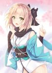  1girl :d bangs black_bow black_scarf blonde_hair bottomless bow cherry_blossoms eyebrows_visible_through_hair fate/grand_order fate_(series) green_eyes hair_between_eyes hair_bow haori index_finger_raised iris_yayoi japanese_clothes kimono looking_at_viewer no_panties obi okita_souji_(fate) open_mouth sash scarf shirt short_hair short_ponytail sleeveless sleeveless_shirt smile solo standing white_kimono 