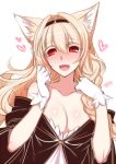  1girl :d animal_ears blonde_hair blush breasts cleavage dated eyebrows_visible_through_hair fox_ears gloves hair_between_eyes hair_intakes hairband hands_up heart konshin large_breasts looking_at_viewer open_mouth original red_eyes signature simple_background smile solo upper_body white_background white_gloves 