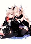  2girls :d ahoge animal_ears black_gloves black_legwear black_scarf black_sclera black_skirt blonde_hair breasts cat_tail cleavage closed_eyes commentary_request dated detached_sleeves flower fox_ears gloves hair_flower hair_ornament holding hug hug_from_behind kneeling konshin long_hair long_sleeves medium_breasts multiple_girls obi open_mouth original parted_lips pleated_skirt ponytail red_eyes sash scarf signature simple_background skirt smile spread_legs tail thigh-highs twintails white_background 