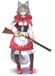  1girl animal_ears apron black_legwear blouse capelet closed_mouth commentary_request fingernails full_body grey_hair gun hair_between_eyes holding holding_gun holding_weapon hood hood_up hooded_capelet jaco kneehighs little_red_riding_hood little_red_riding_hood_(grimm) long_sleeves looking_at_viewer neck_ribbon original red_capelet red_footwear red_neckwear red_ribbon red_skirt ribbon rifle shoes short_hair simple_background skirt sleeves_past_wrists solo trigger_discipline underbust waist_apron weapon white_apron white_background wolf_ears yellow_eyes 
