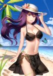  1girl beach bikini black_bikini blue_sky breasts bug butterfly clouds collarbone commentary condensation_trail doki_doki_literature_club english_commentary eyebrows_visible_through_hair flower hair_ornament hairclip hand_on_headwear hat hat_flower highres insect long_hair looking_at_viewer medium_breasts navel o-ring_top palm_tree parted_lips purple_hair sand sarong sasoura sky smile solo swimsuit tree violet_eyes water yuri_(doki_doki_literature_club) 