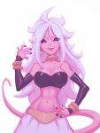  1girl android_21 black_nails black_sclera bracelet breasts cleavage commentary detached_sleeves dragon_ball dragon_ball_fighterz earrings eyebrows_visible_through_hair eyes_visible_through_hair fangs highres hoop_earrings jewelry large_breasts lavender_hair liyart long_hair majin_android_21 messy_hair monster_girl nail_polish navel neck_ring open_mouth pink_skin red_eyes simple_background slender_waist solo stomach tail tongue tongue_out upper_body very_long_hair 