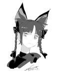  1girl animal_ears artist_name bangs blunt_bangs bow braid cat_ears dated expressionless extra_ears greyscale hair_bow head_tilt kaenbyou_rin looking_at_viewer monochrome shihou_(g-o-s) shiny shiny_hair short_hair sidelocks signature simple_background sketch solo touhou turtleneck twin_braids upper_body white_background 