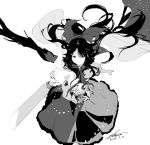  1girl arm_cannon artist_name bangs cape dated long_hair looking_at_viewer monochrome outstretched_arm reiuji_utsuho shaded_face shihou_(g-o-s) shiny shiny_hair short_sleeves sidelocks signature simple_background sketch skirt solo space swept_bangs third_eye touhou very_long_hair weapon white_background wind wings 