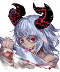  1girl bangs bare_shoulders blood bloody_clothes bloody_weapon blunt_bangs commentary_request evil_grin evil_smile grey_hair grin hand_up holding holding_knife horns jaco knife long_sleeves looking_at_viewer monster_girl off_shoulder original red_eyes reverse_grip saliva sharp_teeth simple_background smile smirk solo teeth tongue tongue_out upper_body weapon white_background 