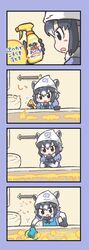  1girl 4koma :o animal_ears apron bathroom bathtub black_eyes blue_background cleaning comic commentary_request common_raccoon_(kemono_friends) elbow_gloves gloves grey_hair head_scarf highres holding japari_symbol kemono_friends kotobuki_(tiny_life) multicolored_hair puffy_short_sleeves puffy_sleeves raccoon_ears short_hair short_sleeves solo translation_request two-tone_hair 